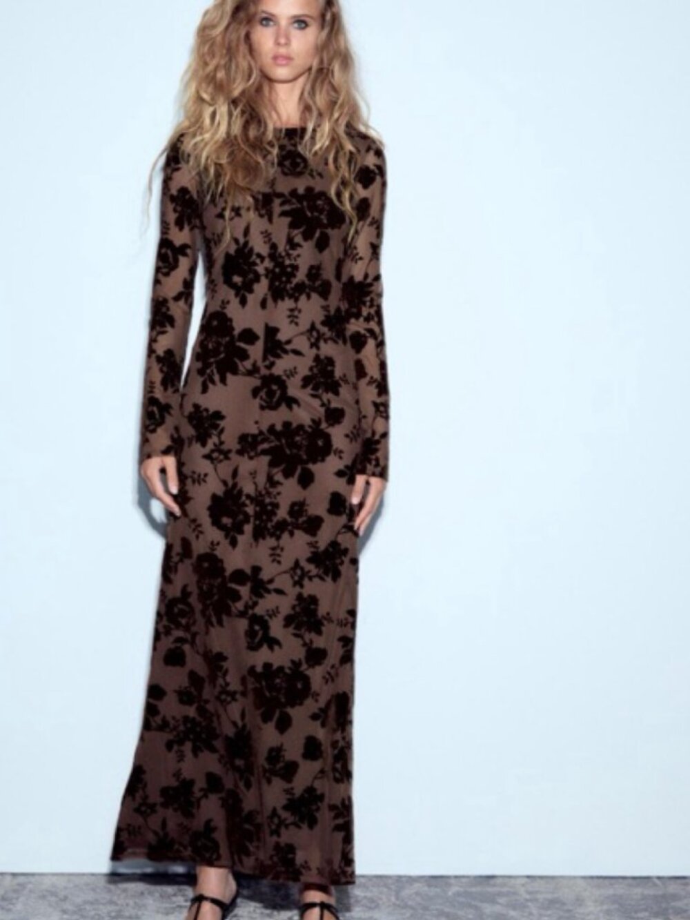 Zara Brown Floral Flocked Tulle Dress – Size M
